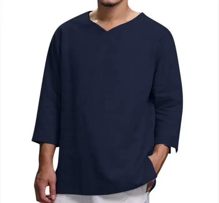 Hommes col en V coton lin t-shirts mâle respirant couleur unie trois quarts décontracté ample pull