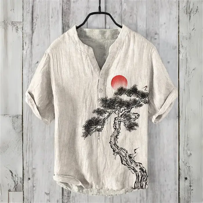 POLO à manches courtes pour hommes POLO imitation lin 2025 nouveau pin de bienvenue imprimé rétro vê
