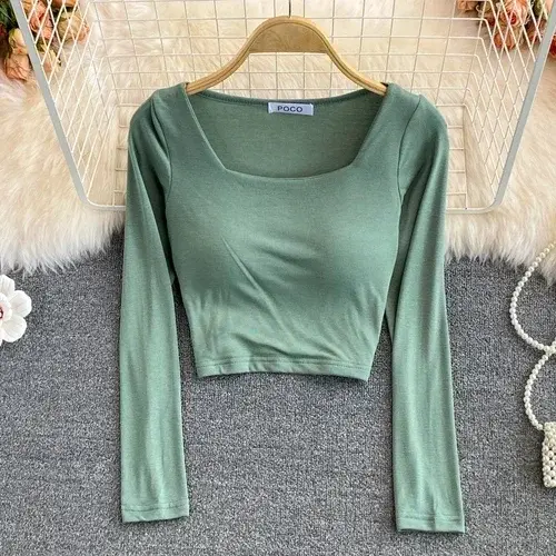 T-shirt à manches longues pour femmes avec soutien-gorge intégré, col rond, décontracté, mode coréen