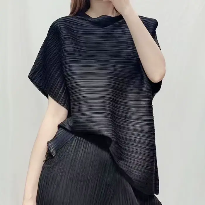 T-shirt à manches courtes pour femme, petit col montant, haut plissé, mode slim, printemps, nouveau,