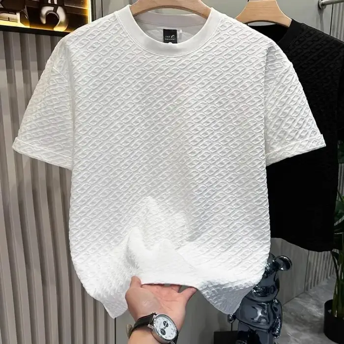 T-shirt d'été pour homme en jacquard texturé à manches courtes, col rond, ample, respirant, basique et décontracté