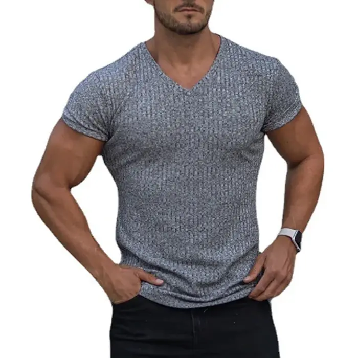 Hommes col en V à manches courtes T-shirt Fitness coupe ajustée sport