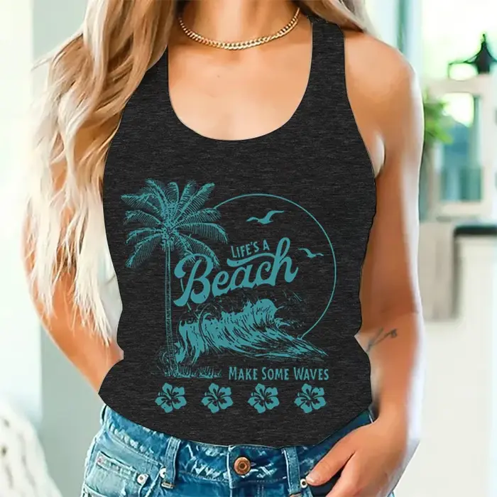 T-shirt décontracté sans manches pour femme « Life's A Beach Make Some Waves », débardeur vintage po