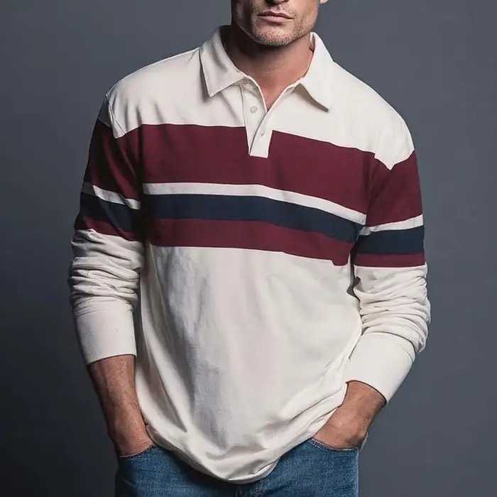 Polo de rugby à manches longues pour homme – Haut à col rayé style preppy pour le campus, les rassem