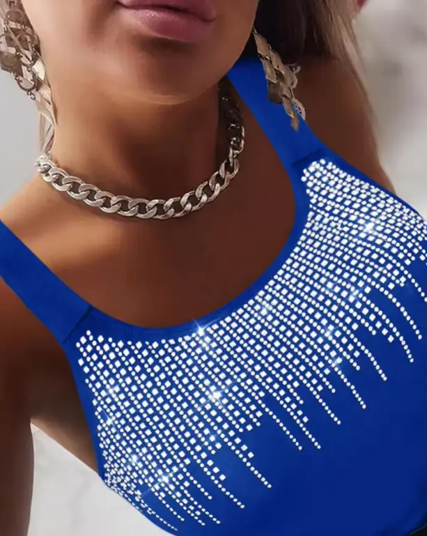 Débardeur ajusté orné de strass - Blouse sans manches à col rond très extensible