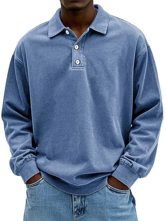 Nouveau T-shirt Polo Homme 2026 à Manches Longues, Effet Vieilli Lavé