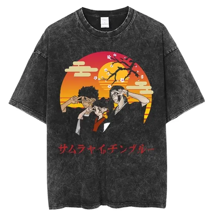 Anime graphique samouraï Champloo T-shirt Vintage lavé surdimensionné T-Shirts hommes femmes vêtements pur coton à manches courtes T-Shirts