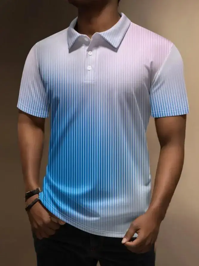 Polo homme tendance décontracté 2026 – Polo imprimé 3D à rayures dégradées