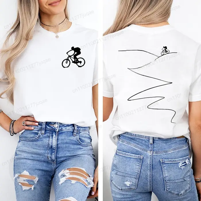 T-shirt imprimé pour cyclistes, haut décontracté à manches courtes et col rond pour l'été et le printemps, vêtements pour femmes
