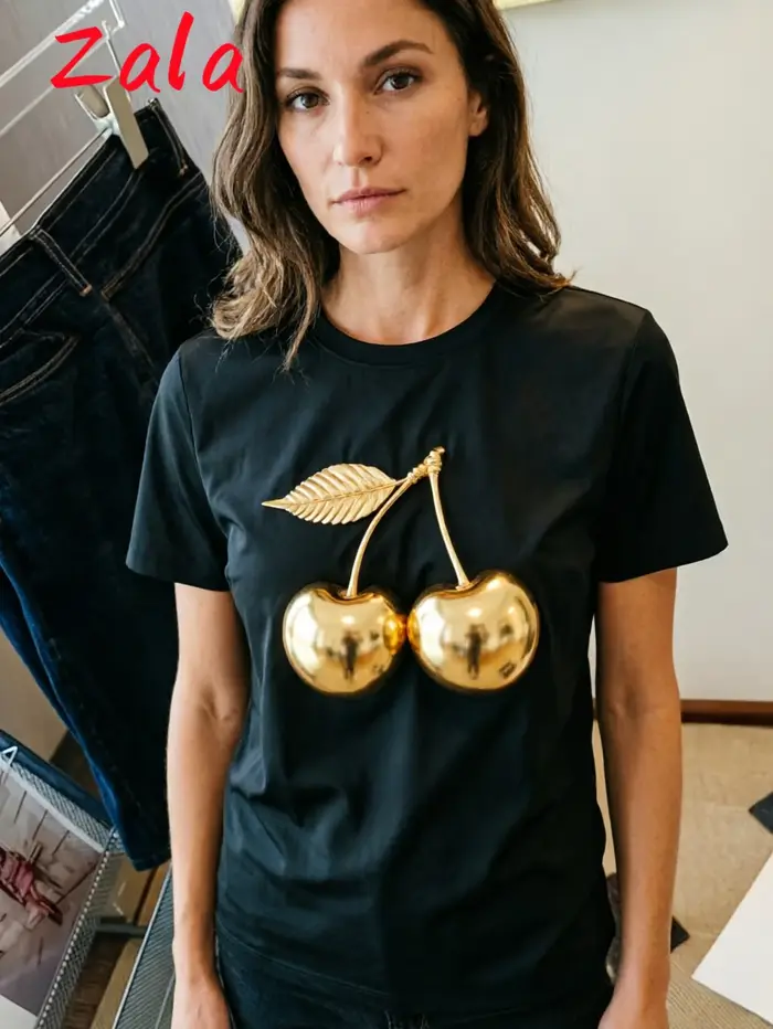 T-shirt à imprimé cerise doré pour femmes, manches courtes, col rond élégant, tenues parfaites, arti