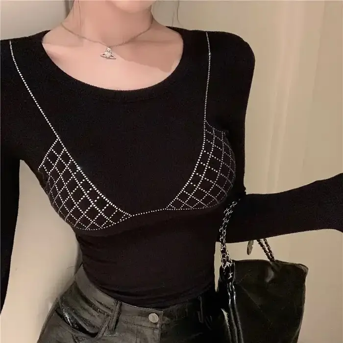 Haut orné de strass pour femme, col rond, coupe ajustée, manches longues