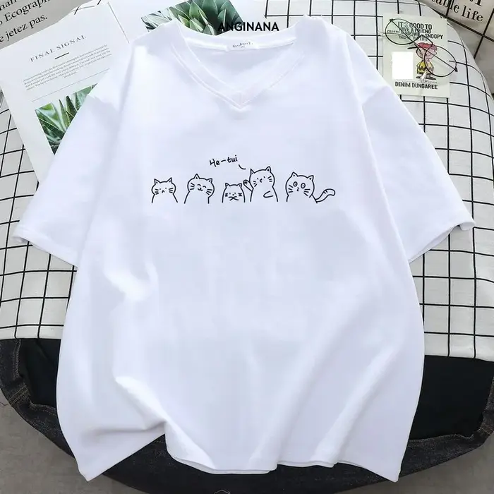 Grande taille 6XL 150KG T-shirts pour femmes Harajuku grande taille hauts chat imprimé col en v manc