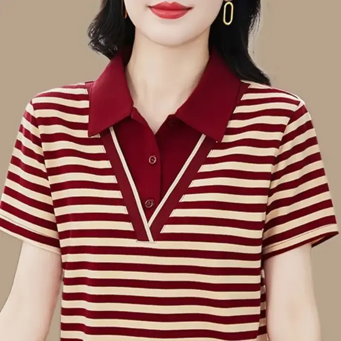 Polo rayé pour femme, haut décontracté d'été avec col contrastant et devant boutonné, pour femmes d'