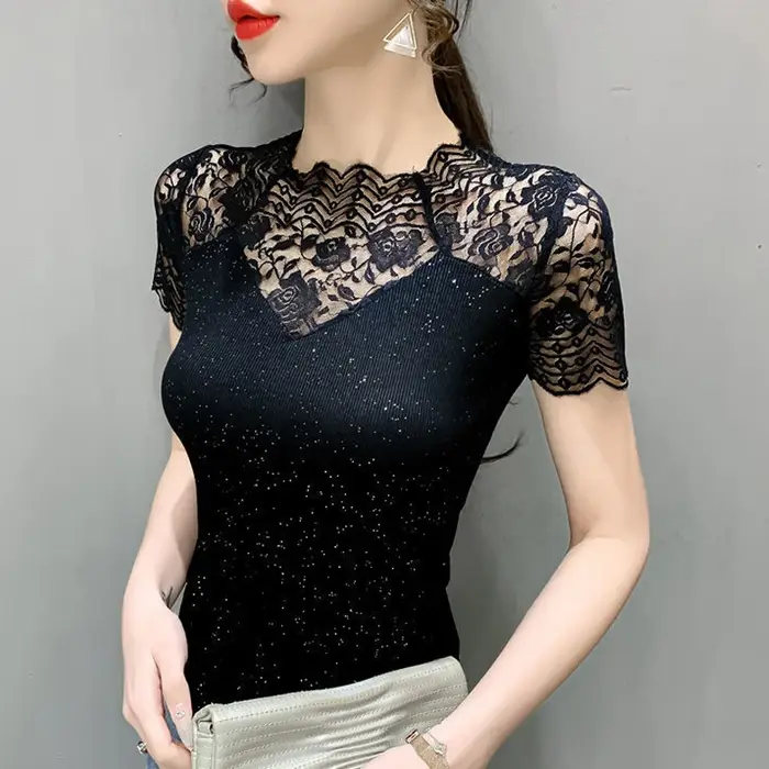 Été haut pour femme Patchwork soie brillante maille t-shirt Pathcwork manches courtes dentelle chemise