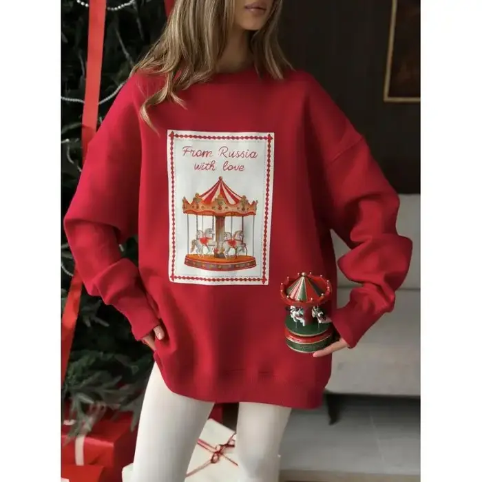 Sweat-shirt à col rond rouge surdimensionné pour femmes, imprimé carrousel rétro, fête de Noël, pull