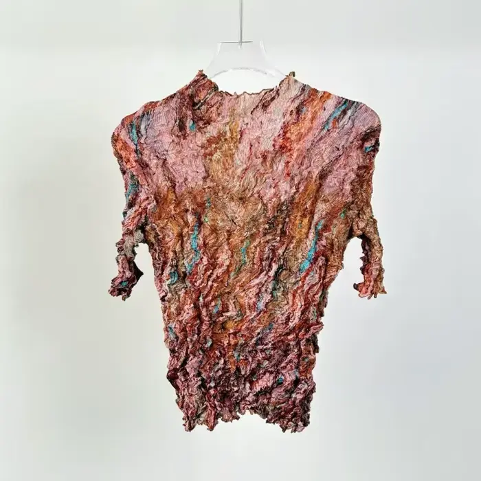 T-shirt Miyake 2026 – Nouvelle collection été – Haut plissé irrégulier fait main – Décontracté