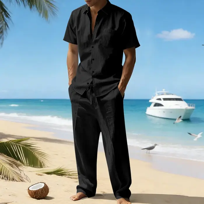 Ensemble chemise à manches courtes en lin et pantalon décontracté pour homme, style européen et amér