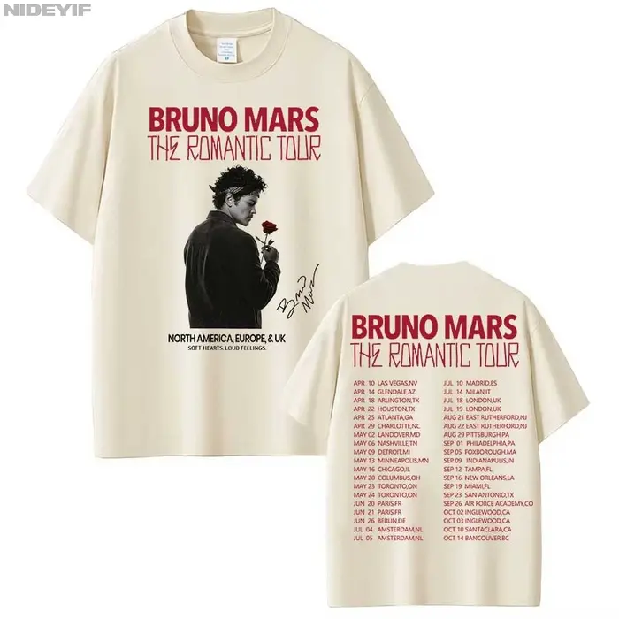 Bruno Mars The Romantic Tour T-shirt pour hommes et femmes, vêtements d'été en coton Y2K, à la mode,