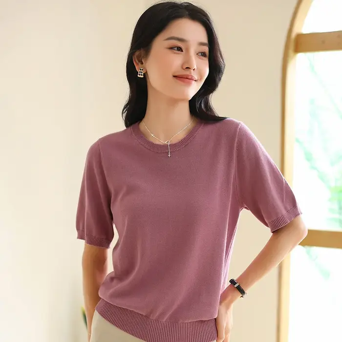 T-shirt d'été 100 % pur coton pour femme, décontracté, uni, tricoté, à manches courtes, col rond, co