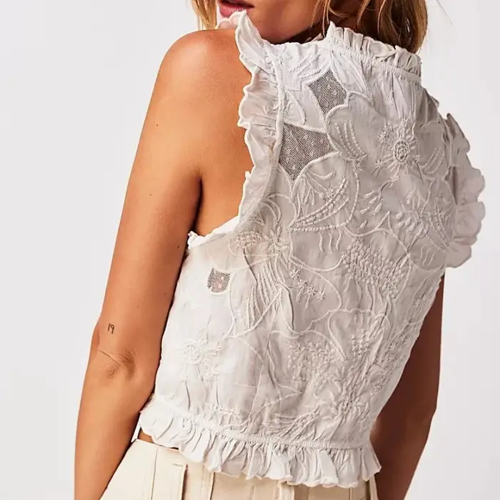 Débardeurs brodés pour femmes Y2K, crop top sans manches, gilet court à volants, hauts d'été rétro floraux, chemisier de soirée