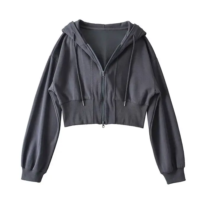 Sweat-shirt court à capuche double fermeture éclair pour femme
