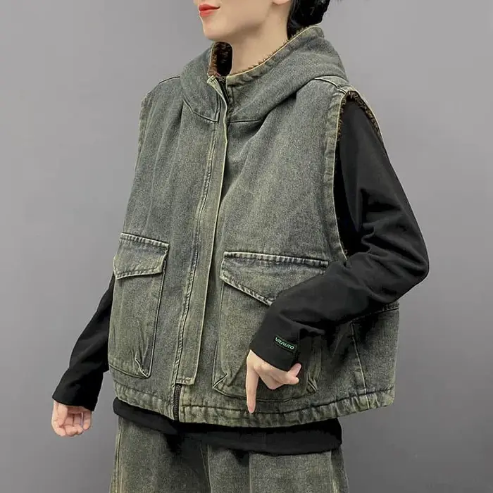 Gilets en Denim pour Femme, à Capuche, Style Coréen, Décontracté