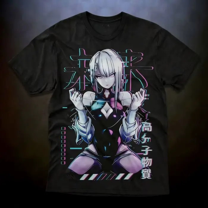 T-shirt Cyberpunk Edgerunners été 2026, motif intégral néon Lucy Pink Cyan Glitch, coupe oversize dé