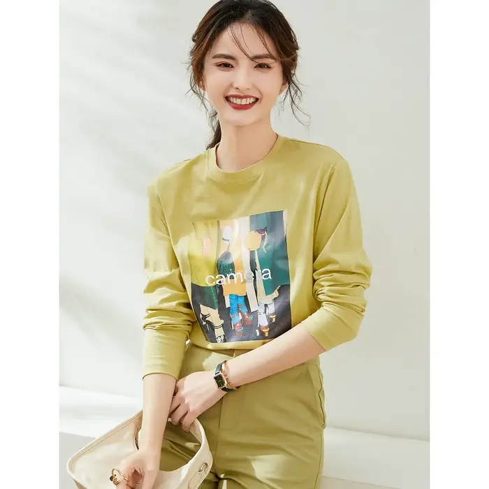 LOUIS YAO T-Shirt à manches longues 2025 printemps/automne t-shirts décontracté lettre imprimer col rond haut minimaliste femmes T-Shirt