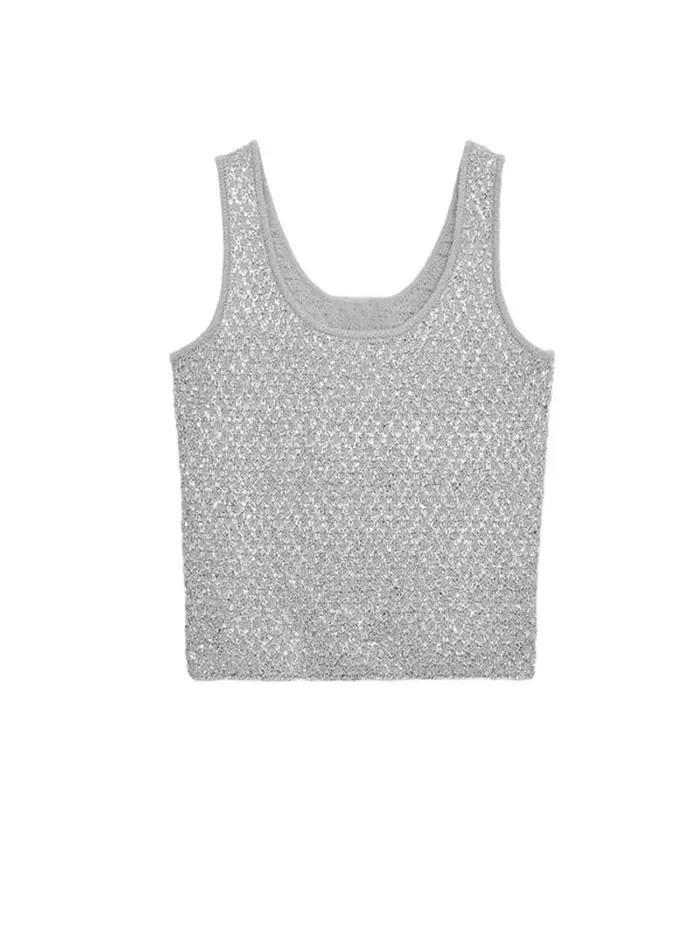 Haut court tricoté à paillettes pour femmes, coupe cintrée, col carré, sans manches, dos nu, gilet m