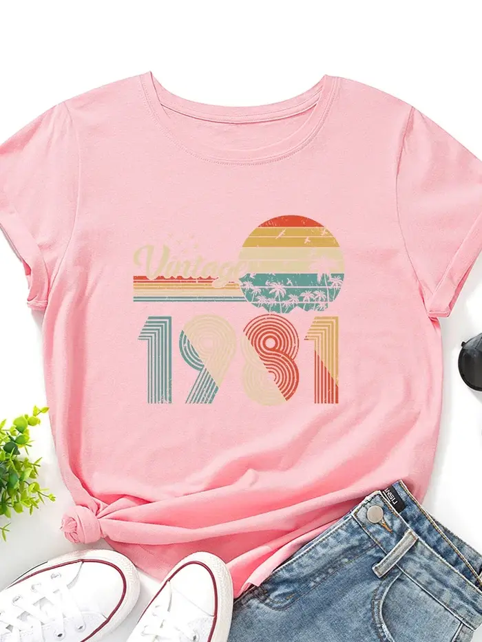 T-shirt manches courtes col rond femme, vintage, imprimé, 1981