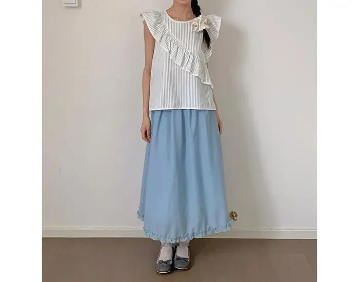 Chemise rétro rayée à volants, nouvelle collection été 2026, haut à col rond
