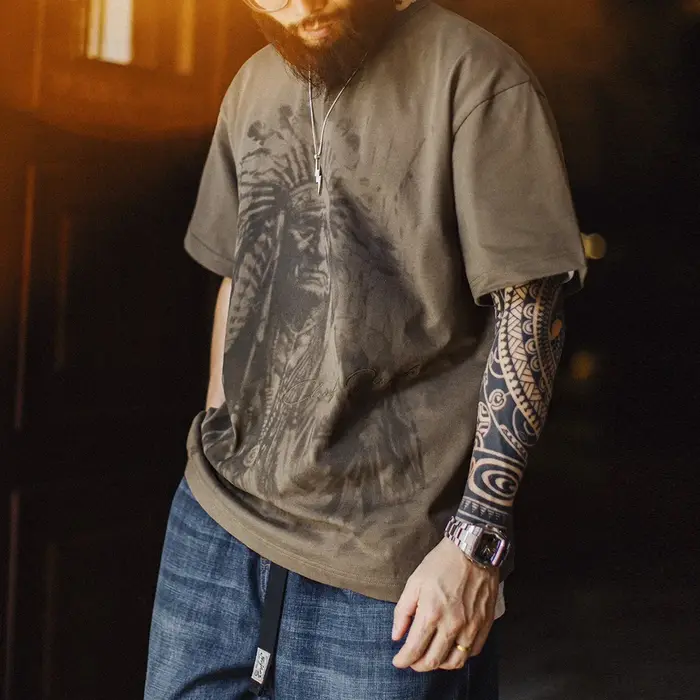 Maden Vintage lourd Navajo imprimé T-Shirt à manches courtes hommes été coton T-Shirt lettre brodée