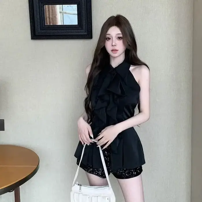 2025 nouveau col Polo licou cou couleur unie chemise pour les femmes été haut mince tempérament haut