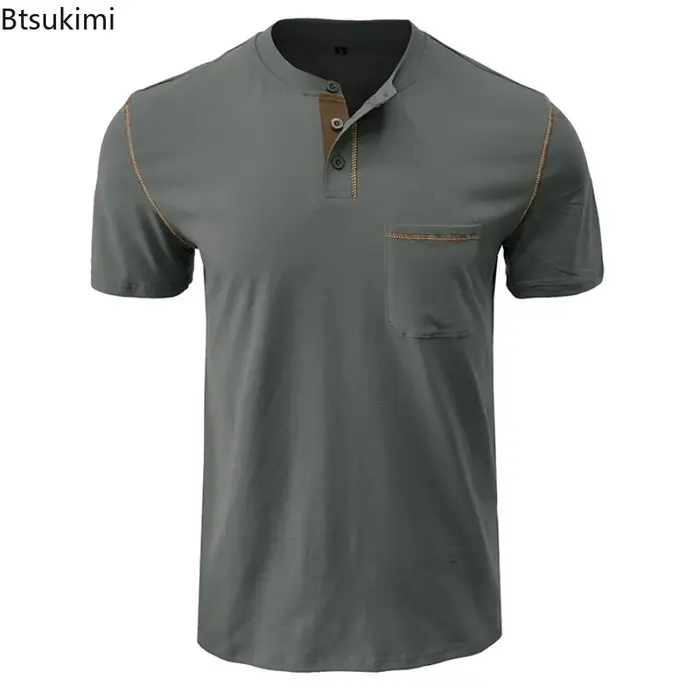 Nouveau Polo de Golf Homme à Col Henry Manches Courtes – T-shirt Décontracté d'Été Respirant avec Poche