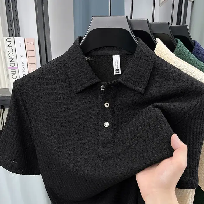 Polo en maille nid d'abeille minimaliste pour homme, col à trois boutons, séchage rapide, anti-trans