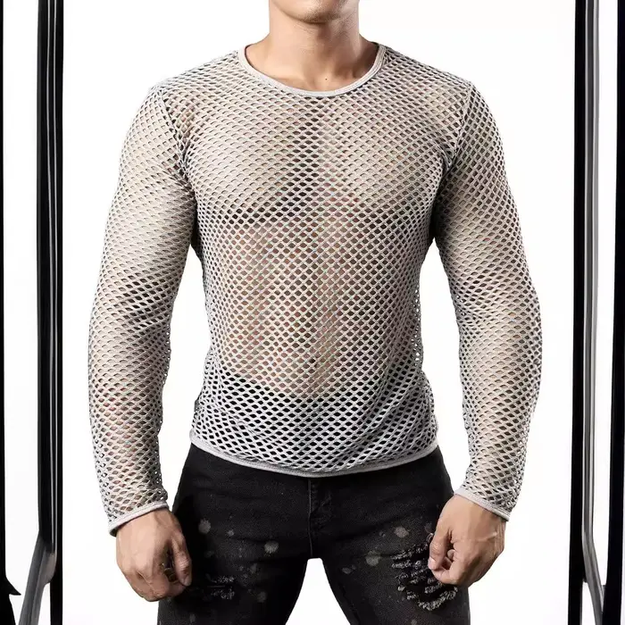2025 hommes t-shirt maille Transparent col rond à manches longues T-shirts Sexy Streetwear mode fête discothèque