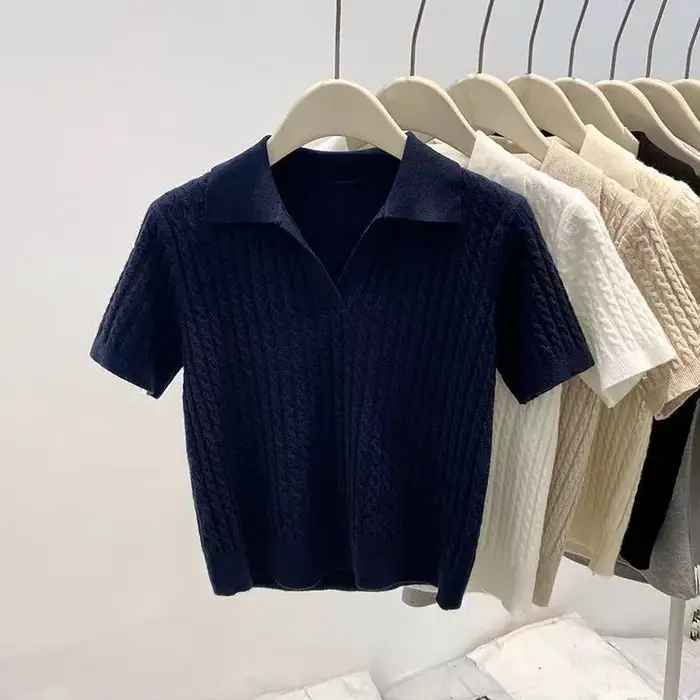 T-shirt à manches courtes en tricot pour femmes, printemps été, toutes occasions, hauts ajustés à co