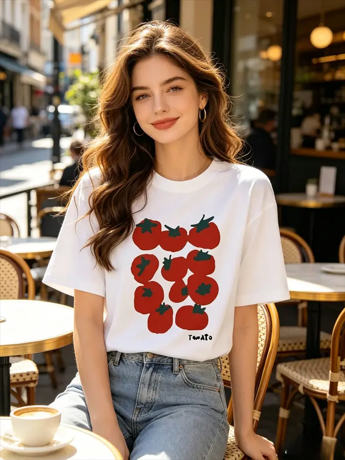 T-shirt mignon à imprimé tomate pour femme