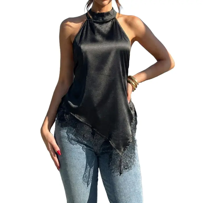 Débardeurs Camisole pour Femmes, Noir, Col Halter, Satin avec Bordure en Dentelle, Sans Manches, Élé