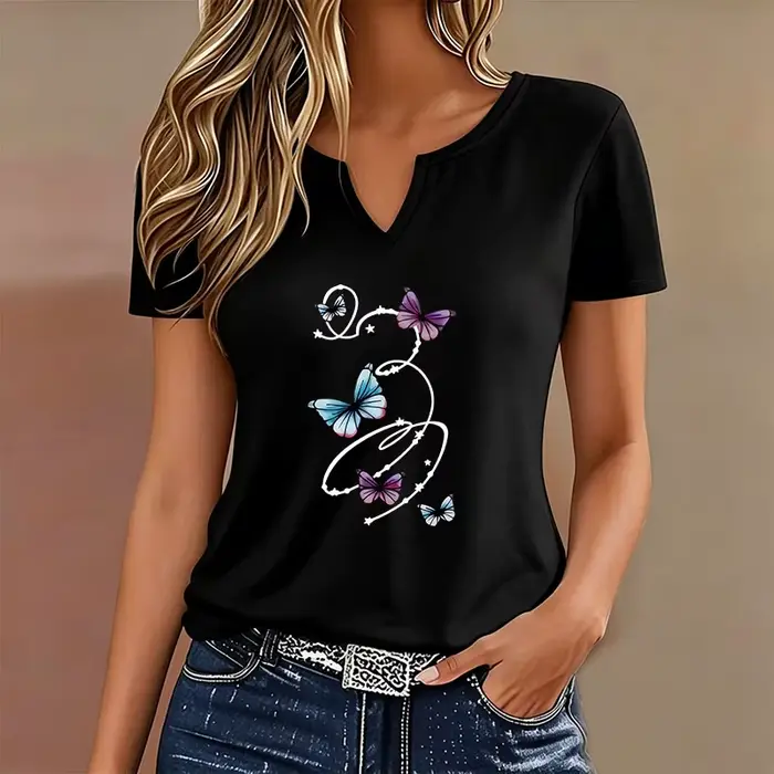 T-shirt graphique coloré à col en V pour femme, décontracté et tendance, à manches courtes, pour l'é
