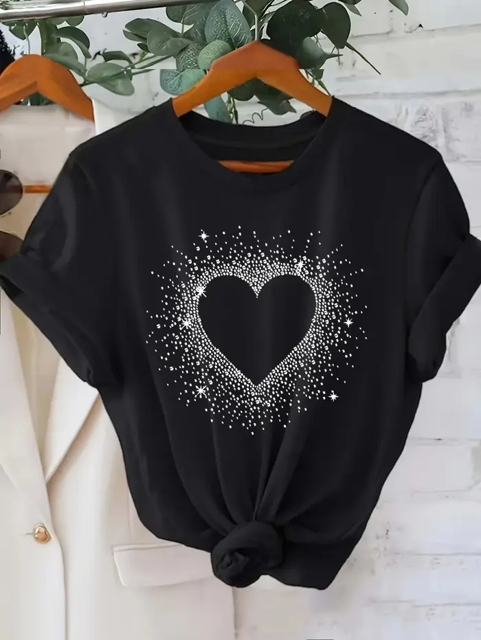T-shirt blanc pour femmes avec imprimé graphique de points de cœur noir, col rond, manches courtes, 