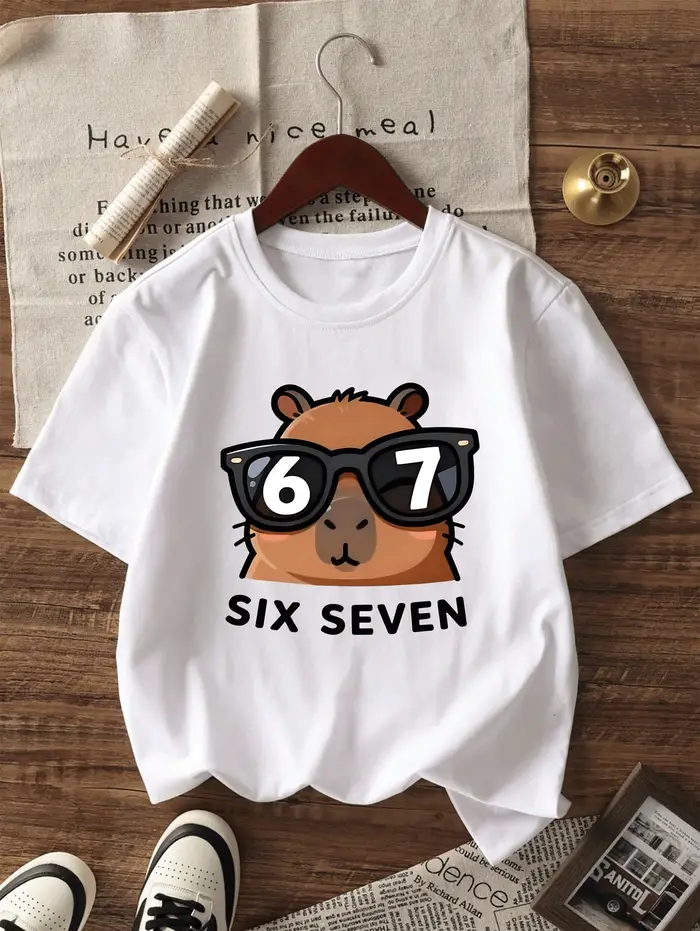 T-shirt graphique Capybara Fun SIX SEVEN pour enfants, motif dessin animé avec numéros 6 et 7, style