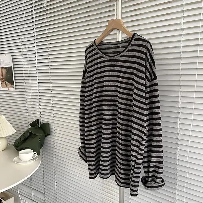 Chemises rayées pour femmes T-shirt surdimensionné 2025 Ropa Mujer manches longues col rond t-shirts