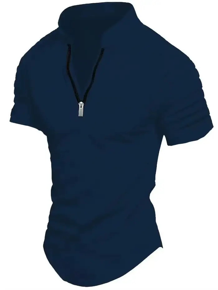 POLO pour hommes printemps sport couleur unie col montant plissé fermeture éclair respirant décontracté été haut tendance à manches courtes