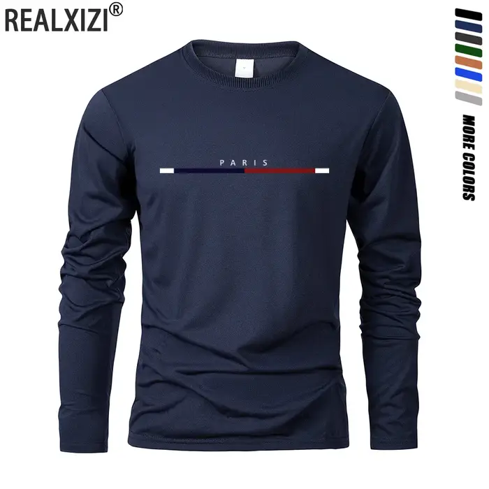 Hommes à manches longues t-shirts de PARIS impression couleur unie décontracté hauts automne haute qualité T-Shirt ample