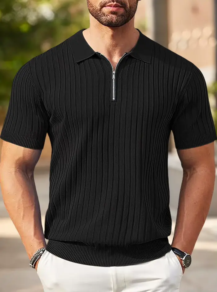 Polo en tricot côtelé pour homme, col demi-zip, manches courtes, haut décontracté d'été