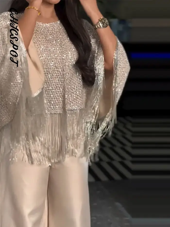 Tops châles oversize à sequins et franges pour femmes, col rond sexy, manches longues, brillants, coupe ample, capes chic pour soirées et clubs