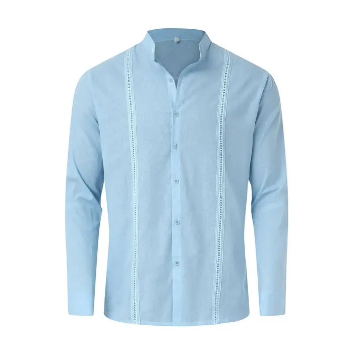 Chemises cubaines vintage pour hommes, mode printemps-automne, chemise guayabera unie à manches longues, chemise en coton et lin avec boutons brodés