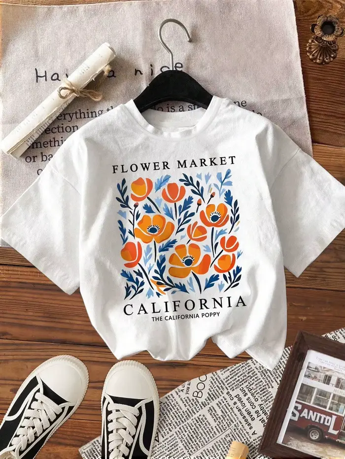 Fleurs jaunes marché californie imprimé T-Shirt femme coton doux