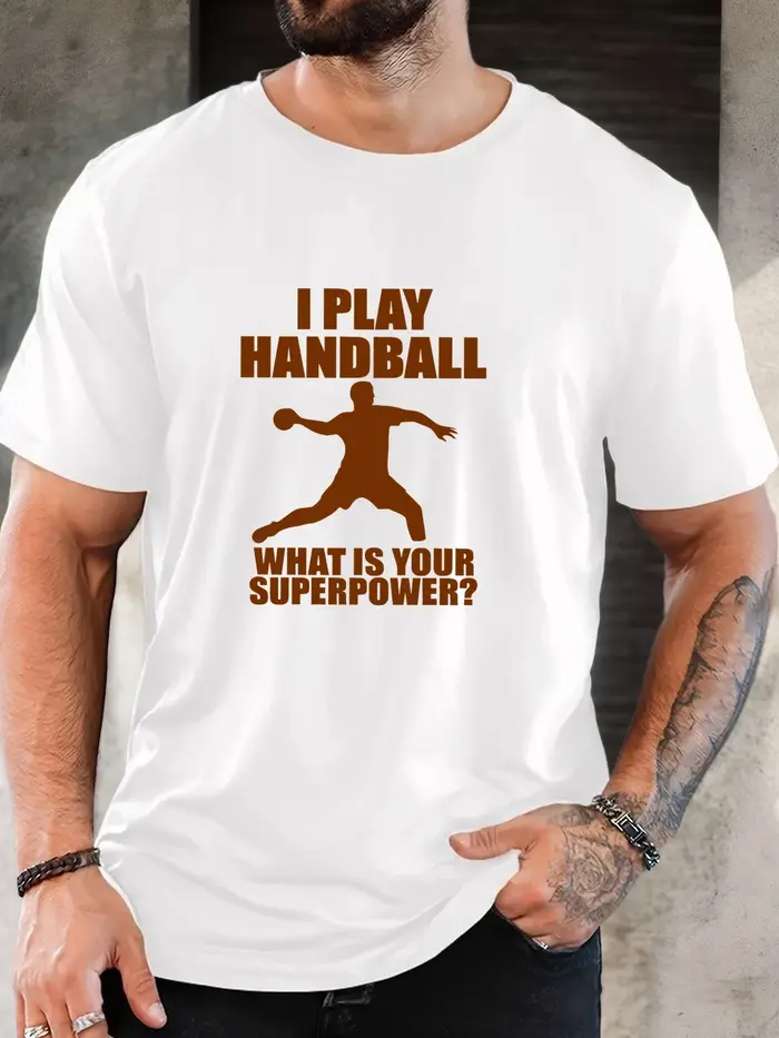 T-shirt noir à col rond pour homme, avec silhouette de joueur de handball marron, slogan sportif « I Play Handball », en coton doux, décontracté, pour le quotidien